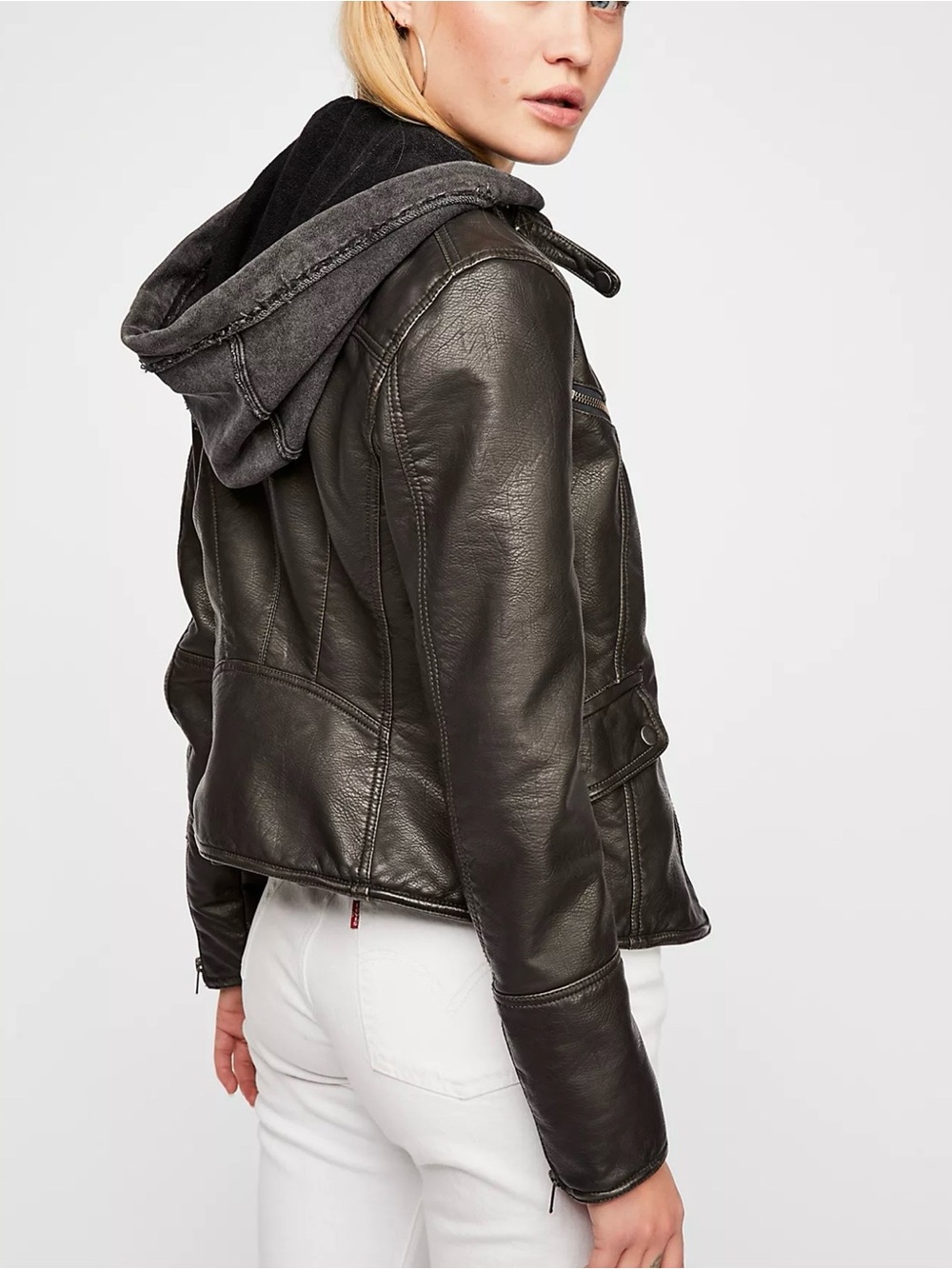 Free People We The Free Monroe Vegan Leather Hooded Biker Jacket Large Black